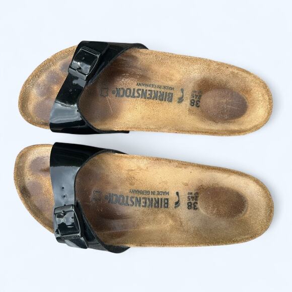 Women's Birkenstock Madrid Black Patent Leather Slide Sandals size 38 Narrow - Picture 7 of 10